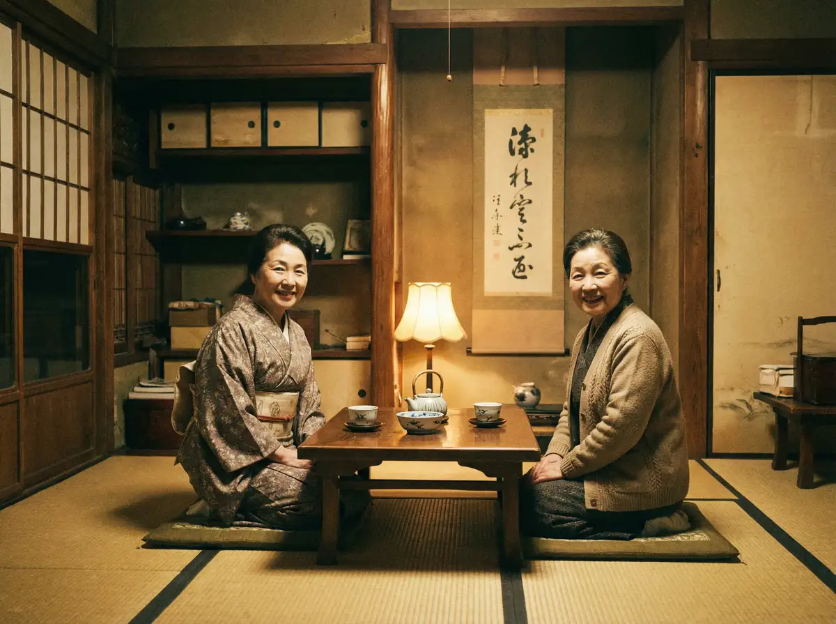 两位优雅的 重口影视最新原创与精选视频 在日式茶室中品茶交谈